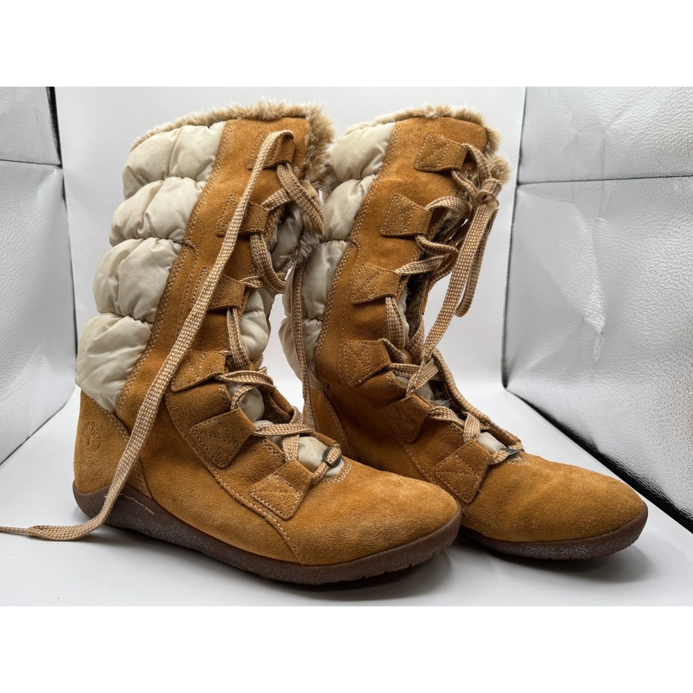 Timberland Quilted Puffer Winter Boots Women 8M Tan Suede Faux Fur 19638 9192